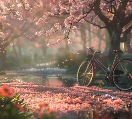 Resting beneath a canopy of cherry blossoms in full bloom, a bicycle awaits its rider in a serene Japanese garden. The delicate pink petals drift lazily to the ground