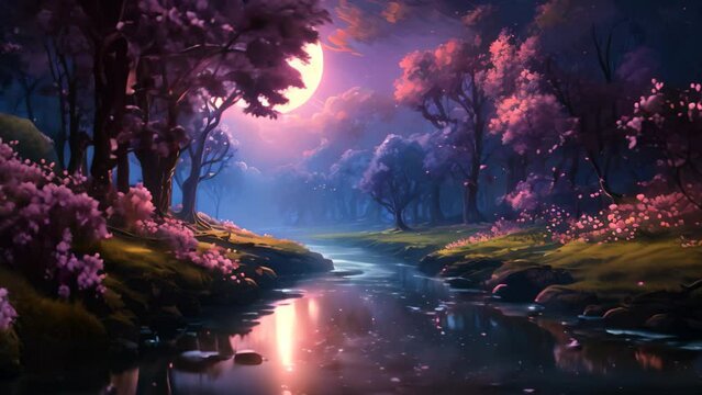 Illustration of a fantasy landscape with a river and a full moon, tranquil river flowing under the radiant moonlight during a spring night, AI Generated
