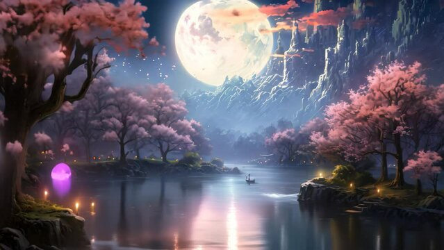 Fantasy landscape with full moon and cherry blossom trees on the lake, tranquil river flowing under the radiant moonlight during a spring night, AI Generated