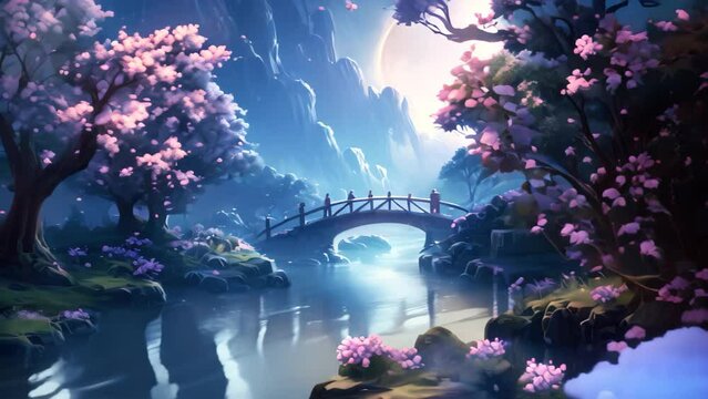 Fantasy landscape with bridge and cherry blossoms. Digital painting. tranquil river flowing under the radiant moonlight during a spring night, AI Generated