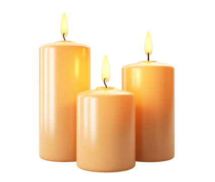 Three pillar candles with flames illuminated, cut out
