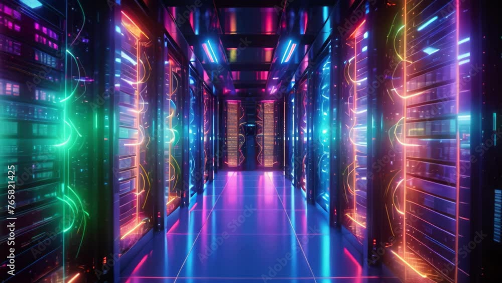 Aufkleber futuristic server room interior with neon lights. 3d rendering, data center server room. network com