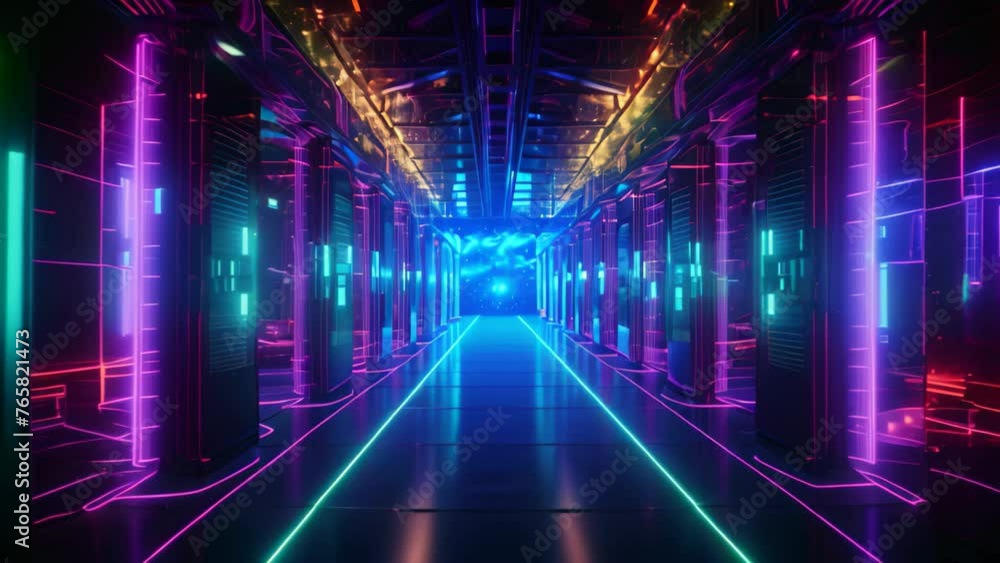 Poster 3d rendering of a futuristic corridor with glowing neon lights and reflections, data center server r