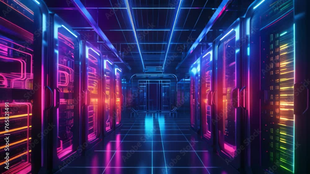 Poster futuristic server room interior with neon lights. 3d rendering, data center server room. network com