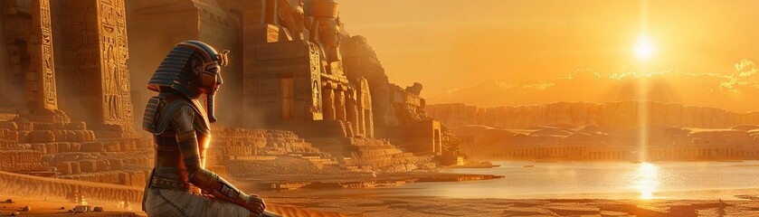 Advanced robot studying hieroglyphs in an ancient Egyptian town, golden sunset hues - obrazy, fototapety, plakaty