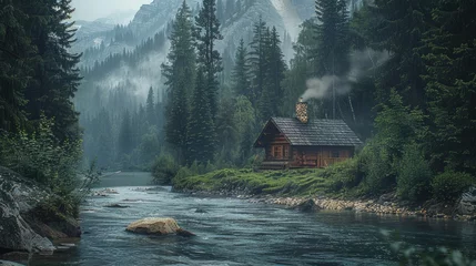  A wooden cabin beside a river in a misty pine forest with mountains in the background. © Jonas