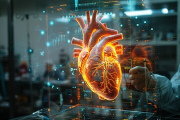 AI diagnosing heart disease, holographic heart model, AR interface, hightech lab setting - obrazy, fototapety, plakaty