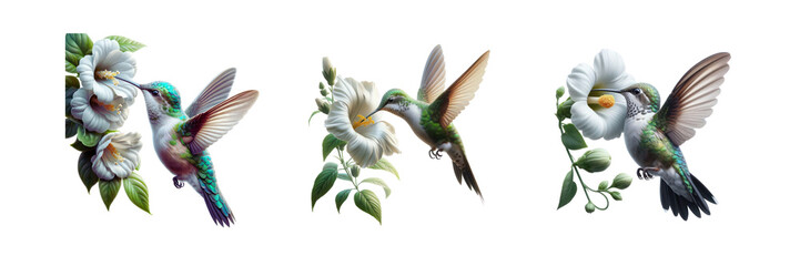 Set of a hummingbird feeding from a white flower, illustration, isolated over on transparent white background
