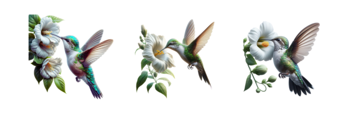 Set of a hummingbird feeding from a white flower, illustration, isolated over on transparent white background