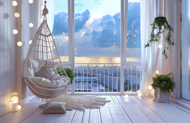 A photo of a modern terrace with a hanging chair overlooking a city. A white wooden floor and blue sky with clouds in the evening light. String lights and green plants