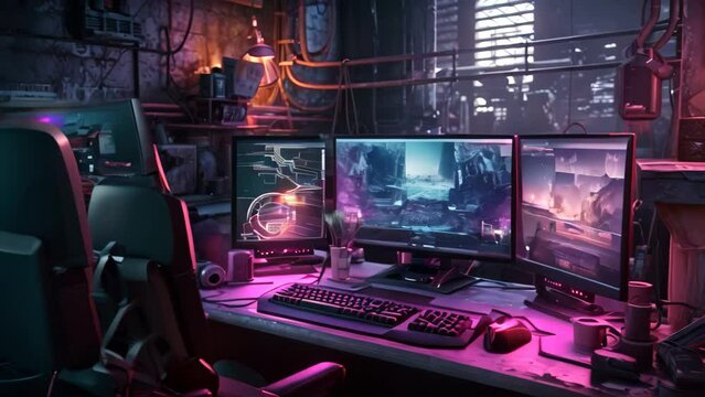 Computer room with a lot of equipment and lights. 3d rendering, Cyberpunk gamer workspace with computer and mouse. 3d rendering, AI Generated
