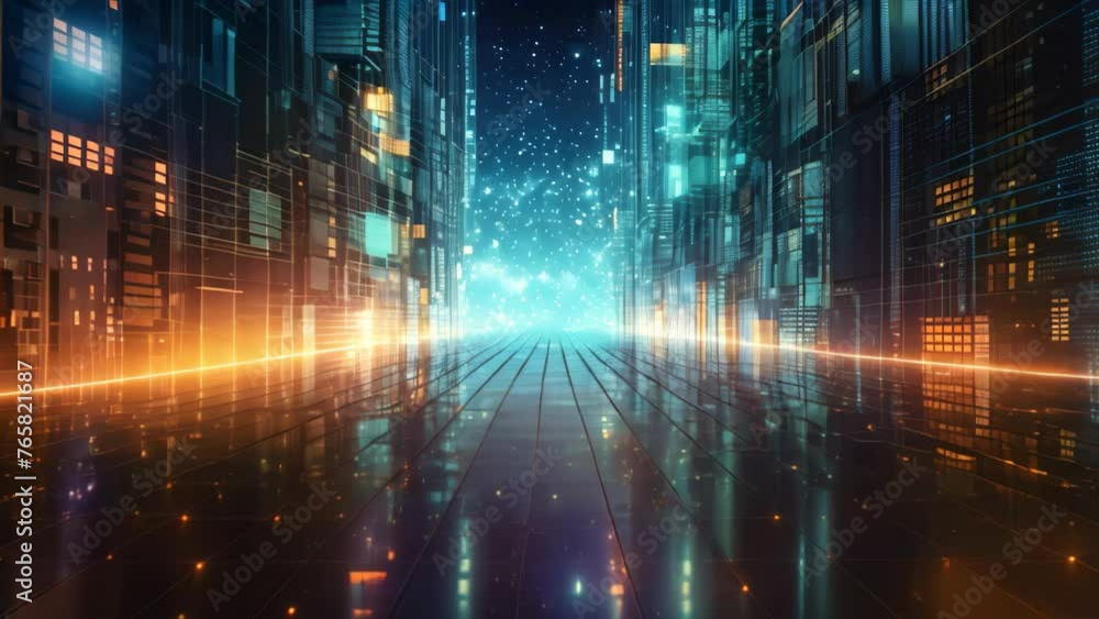 Poster futuristic city at night. 3d rendering double exposure, digital data transfer and processing over th