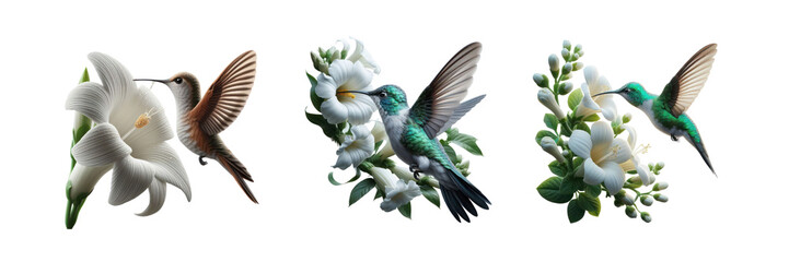 Obraz premium Set of a hummingbird feeding from a white flower, illustration, isolated over on transparent white background