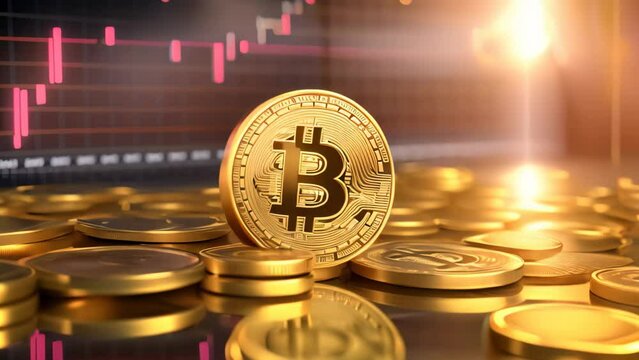 golden bitcoin on the background of the stock market. 3d illustration, Digital currency physical gold bitcoin coin on stock market chart background. 3D Rendering, AI Generated