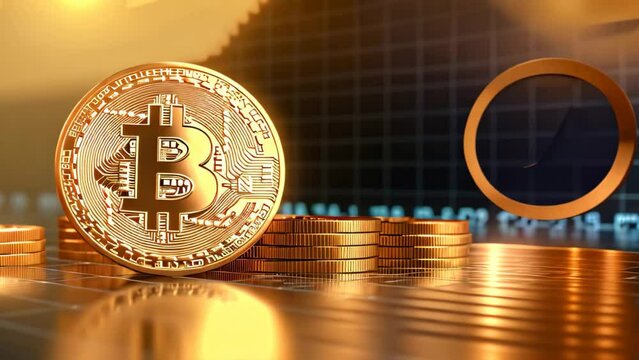 golden bitcoin with stock market chart background. 3d illustration, Digital currency physical gold bitcoin coin on stock market chart background. 3D Rendering, AI Generated