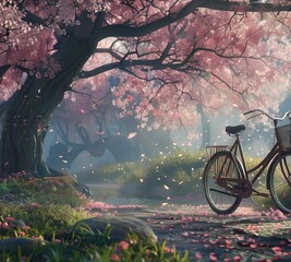 Resting beneath a canopy of cherry blossoms in full bloom, a bicycle awaits its rider in a serene Japanese garden. The delicate pink petals drift lazily to the ground