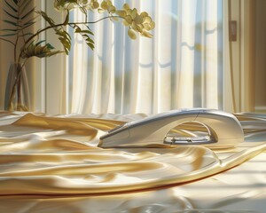 Highend iron on satin bedding, opulent laundry room, natural light, midshot, detailed texture