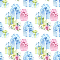 Festive seamless pattern with gift boxes,flowers and bows. Watercolor hand painted background. - 765822010