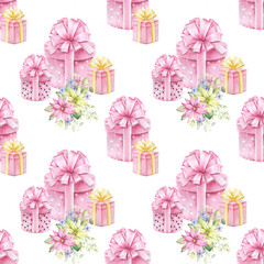 Festive seamless pattern with gift boxes,flowers and bows. Watercolor hand painted background. - 765822014
