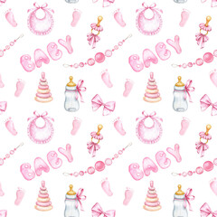 Cute seamless pattern for baby girl textile, baby shower, clothes. Watercolor hand painted background. - 765822016