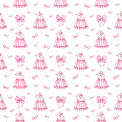 Fashion seamless pattern for baby girl with pink dresses, bows. Watercolor hand painted background. - 765822021