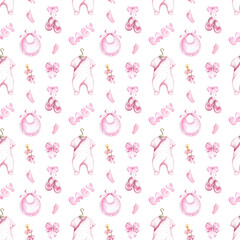 Cute seamless pattern for baby girl textile, baby shower, clothes. Watercolor hand painted background. - 765822025