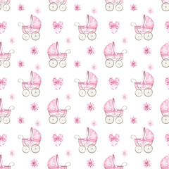 Watercolor seamless pattern with baby carriage. Kids background for baby girl. - 765822028