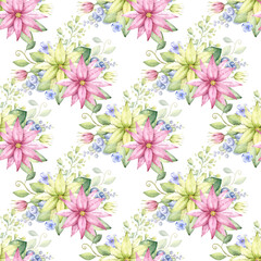 Bright floral pattern. Watercolor hand painted seamless pattern with pink,yellow flowers and green leaves. - 765822030