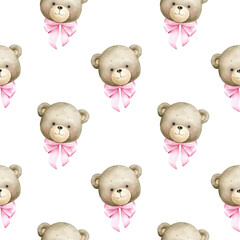 Seamless pattern with teddy bear. Watercolor hand painted seamless pattern for baby girl with teddy bear and pink bow. - 765822042