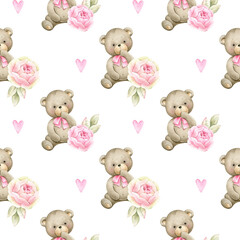 Cute Teddy bear with blue flowers. Watercolor hand painted seamless pattern for baby boy. - 765822051