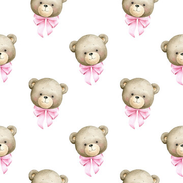 Seamless pattern with teddy bear. Watercolor hand painted seamless pattern for baby girl with teddy bear and pink bow.