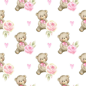 Cute Teddy bear with blue flowers. Watercolor hand painted seamless pattern for baby boy.