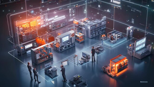 Group of business people looking at hologram screen. Technology concept. 3D Rendering, Digitalization and Visualization of Industry 4.0 Process that Analyzes Goods, AI Generated