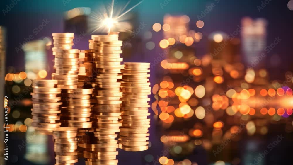 Poster double exposure of golden coin stack with cityscape and bokeh light background, business and finance