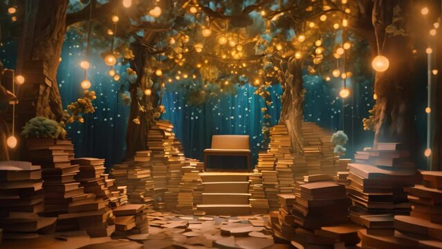 Magic forest with old books and light bulbs. 3D rendering, Enter a whimsical literary wonderland, where floating books create enchanting pathways of words and ideas, AI Generated