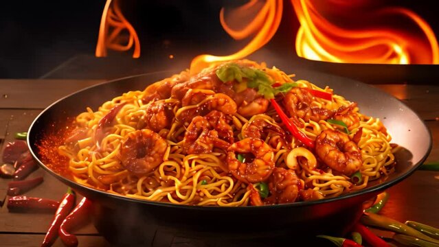 stir-fried spaghetti with shrimp and chilli on wooden table, Experience a flaming spice sensation with sizzling stir-fried noodles, engulfed in fiery flames for mouthwatering flavors, AI Generated