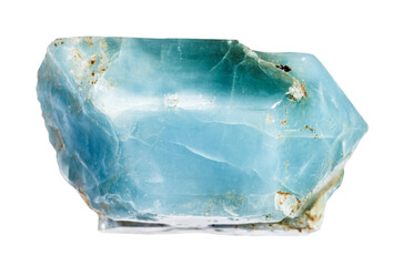 close up of sample of natural stone from geological collection - raw blue apatite crystal isolated...