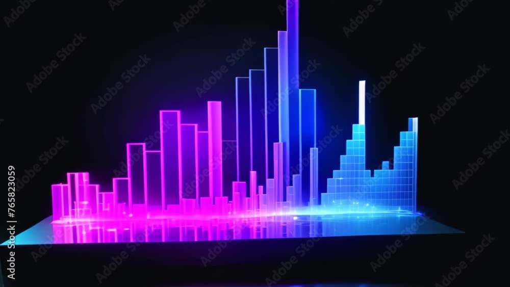 Poster abstract glowing bar chart on a dark background. 3d rendering, financial graph chart hologram on a b