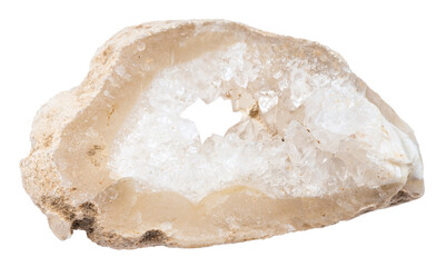close up of sample of natural stone from geological collection - section of quartz-filled geode isolated on white background