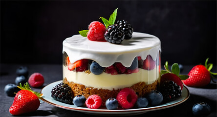 Cream on the top of cake with Blueberries  and strawberries 