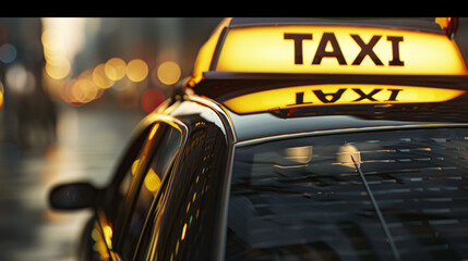A glowing taxi sign atop a car reflects the vibrant city nightlife.