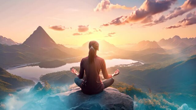 Woman meditating on the top of the mountain at sunset,3d render, Female meditating on top of a mountain with beautiful sunset background, rear view, full body, AI Generated