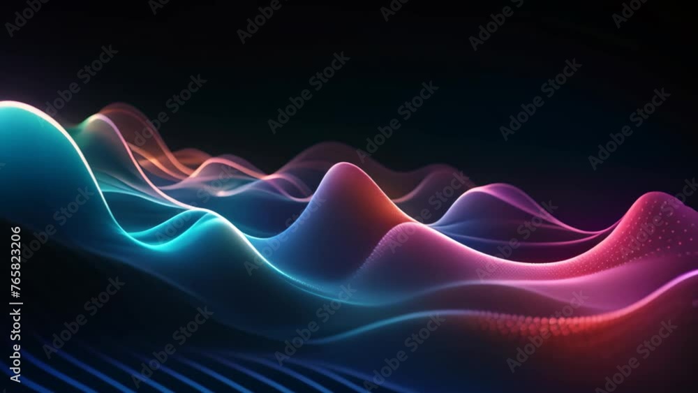 Poster 3d rendering abstract wave particles on dark background with bokeh lights, futuristic technology wav