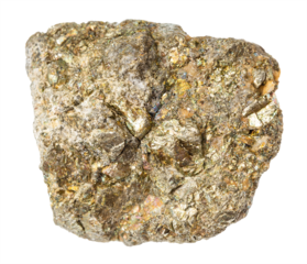 close up of sample of natural stone from geological collection - raw pyrite rock isolated on white background