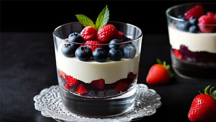 Blueberries and strawberries in glass with milk