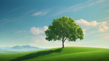 Fototapeta na wymiar Abstract grassland scene with a single tree and a green hill
