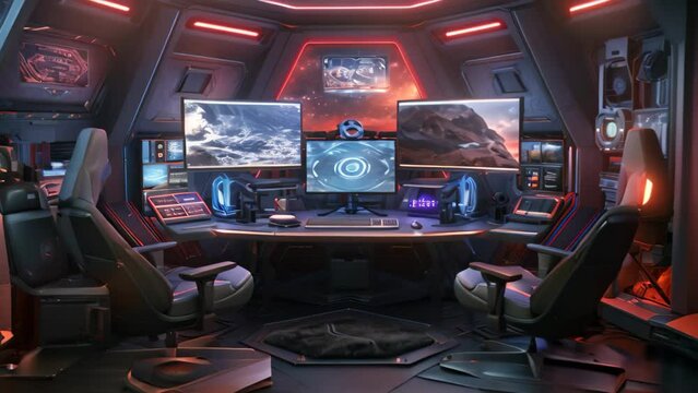 control room with many monitors and screens in front of the screen. 3d rendering, Futuristic gaming room with a lot of gaming equipment. 3d rendering, AI Generated