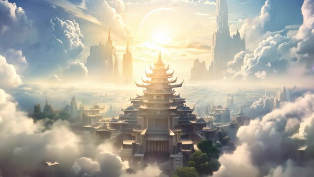 Landscape of pagoda in the clouds. 3D rendering, Generate an image that unveils the ethereal beauty, AI Generated
