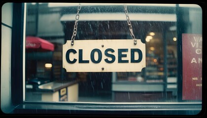 A closed sign hanging in front of a shop window on a rainy day