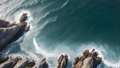 Aerial view from above of ocean, rocks and water waves - obrazy, fototapety, plakaty